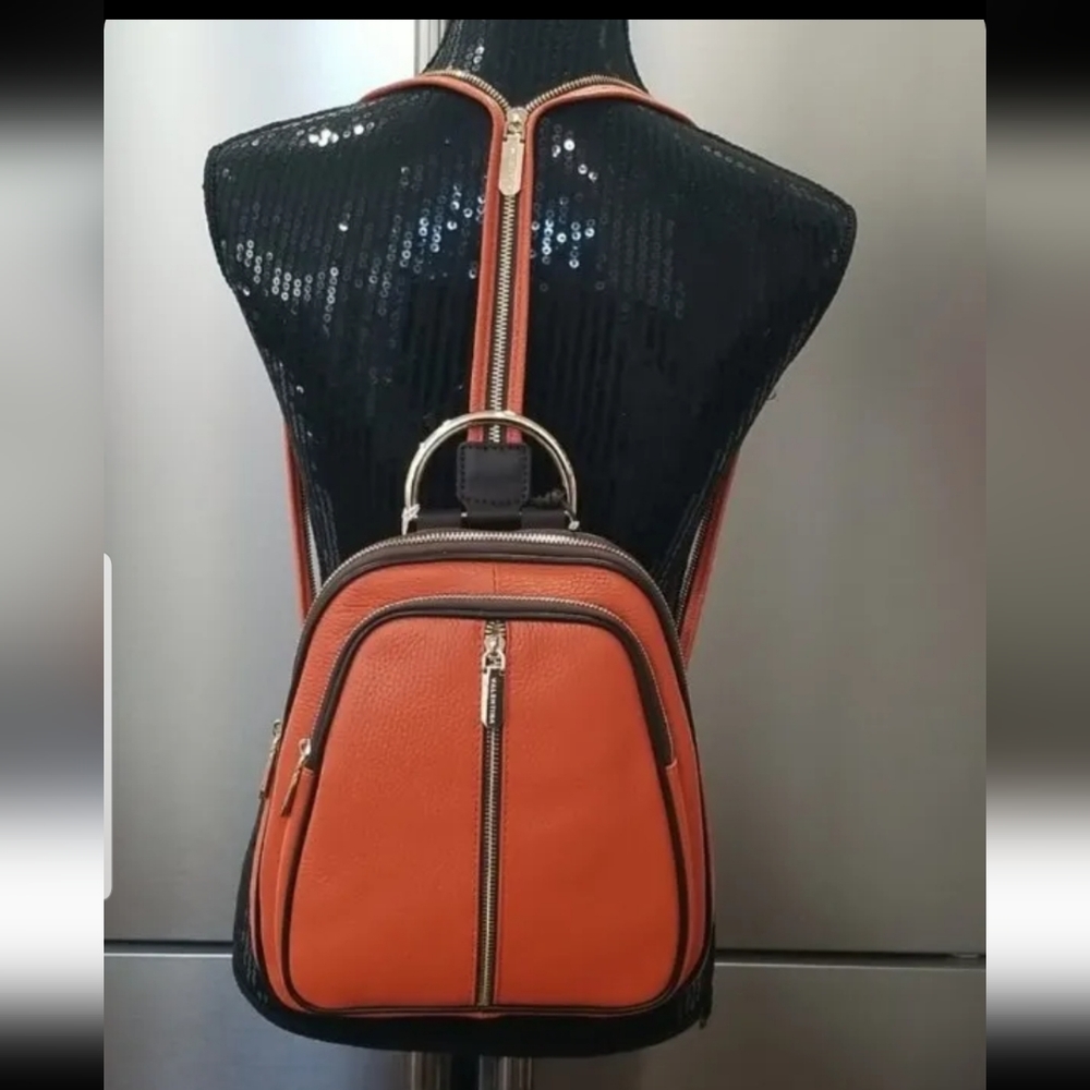 SOLD! 🆕 Valentina Italian Pebbled Leather Orange Backpack Sling/Shoulder Bag - Picture 9 of 14